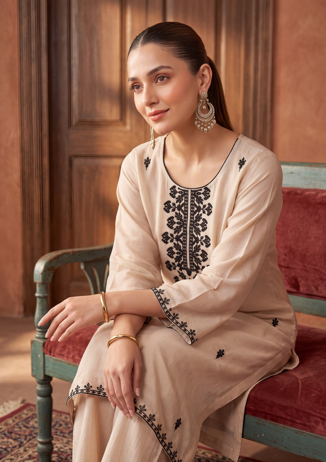 Beige Threadwork Chanderi Readymade Salwar Suit