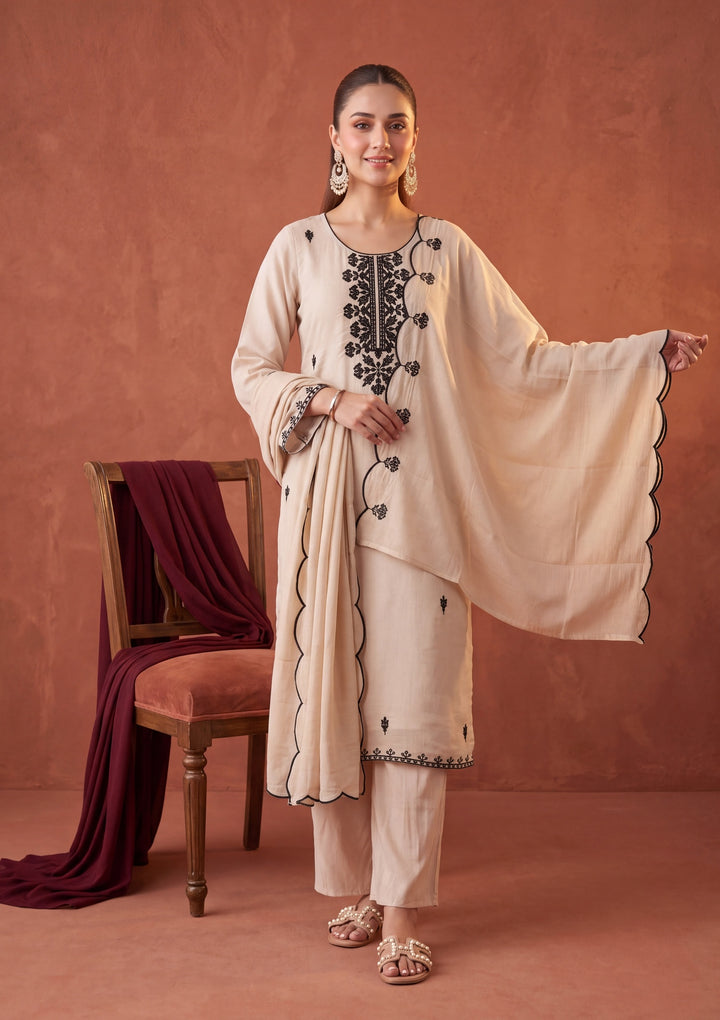 Beige Threadwork Chanderi Readymade Salwar Suit