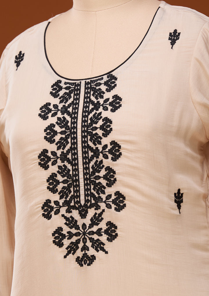 Beige Threadwork Chanderi Readymade Salwar Suit