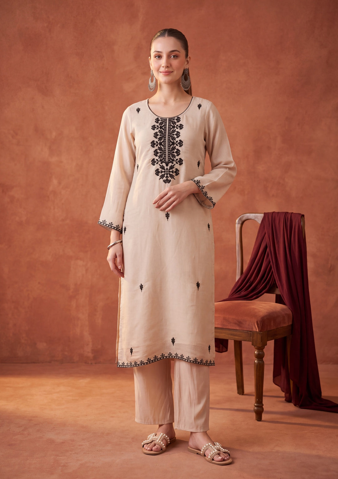 Beige Threadwork Chanderi Readymade Salwar Suit