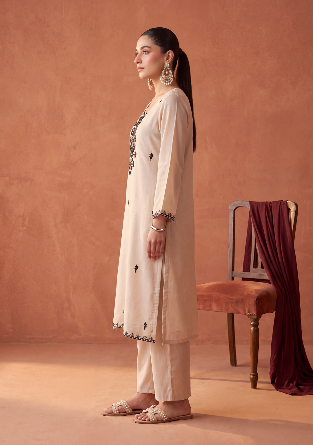 Beige Threadwork Chanderi Readymade Salwar Suit
