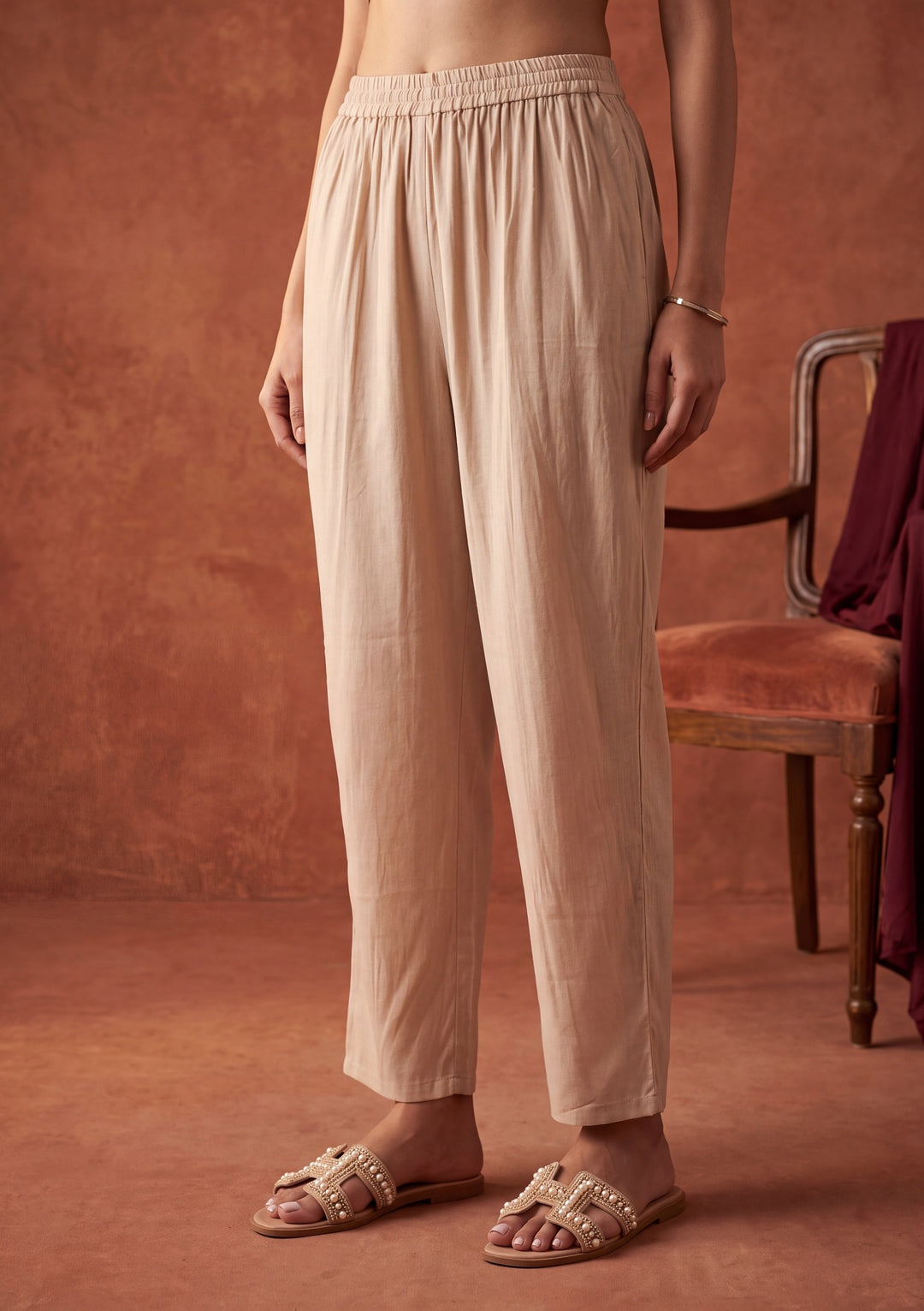 Beige Threadwork Chanderi Readymade Salwar Suit