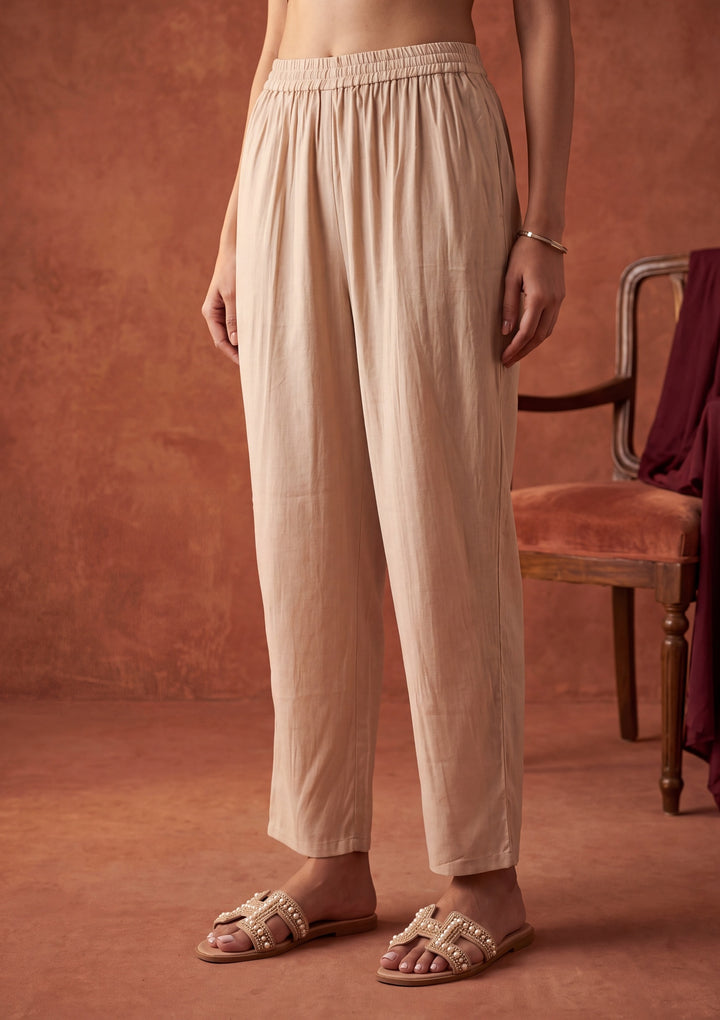 Beige Threadwork Chanderi Readymade Salwar Suit