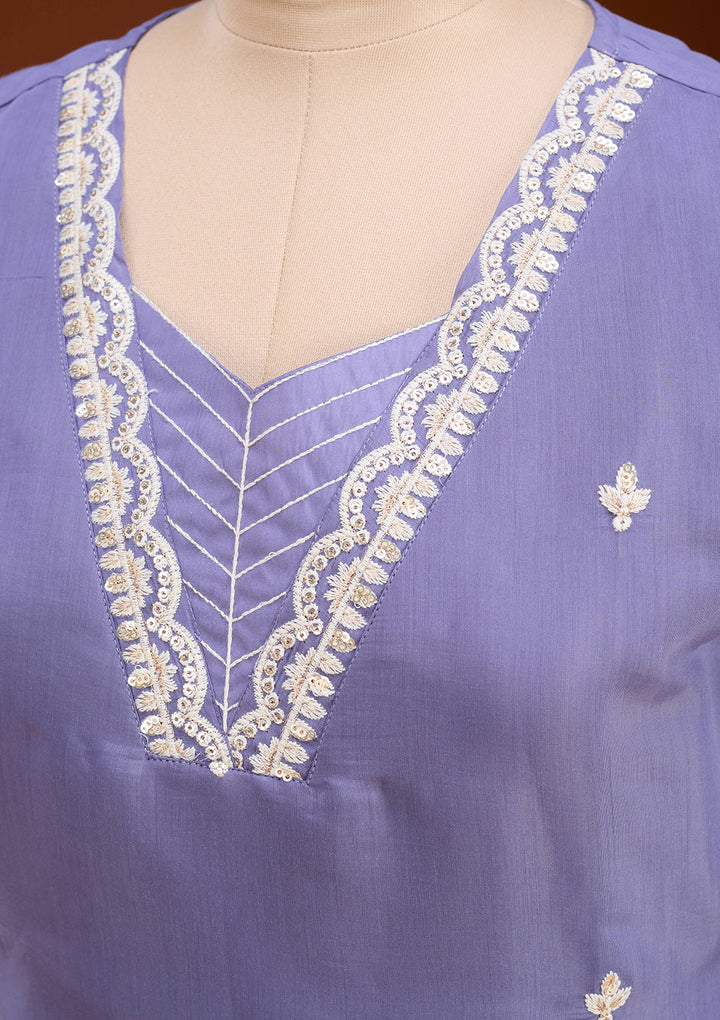 Light Lavender Soft Raw Silk Threadwork A Line Kurta With Pant Regular And Dupatta