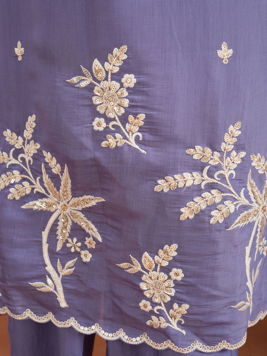 Light Lavender Soft Raw Silk Threadwork A Line Kurta With Pant Regular And Dupatta