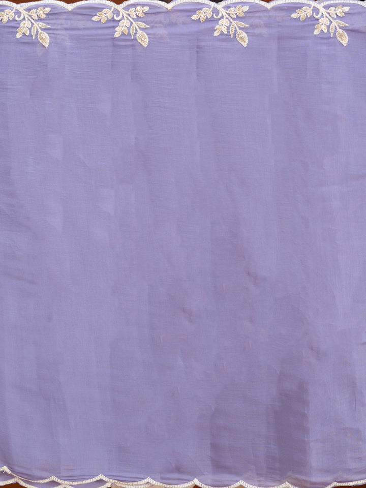 Light Lavender Soft Raw Silk Threadwork A Line Kurta With Pant Regular And Dupatta