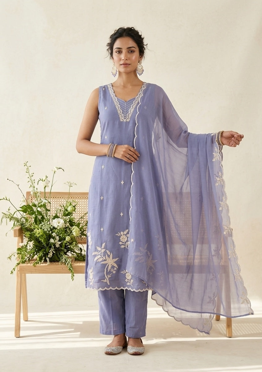 Light Lavender Soft Raw Silk Threadwork A Line Kurta With Pant Regular And Dupatta