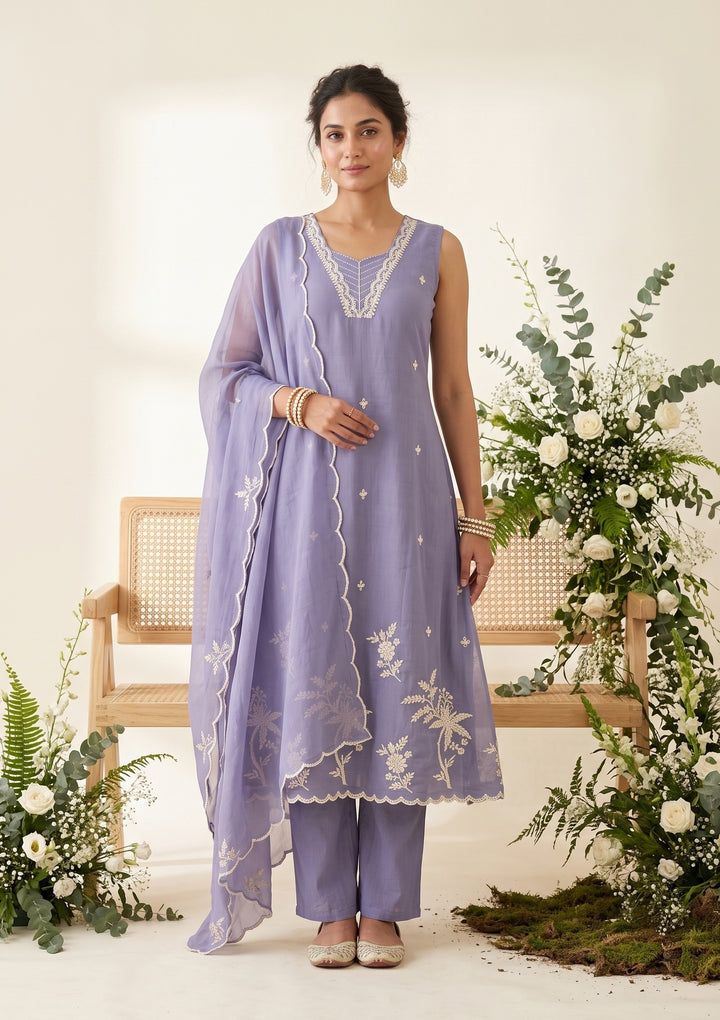 Light Lavender Soft Raw Silk Threadwork A Line Kurta With Pant Regular And Dupatta