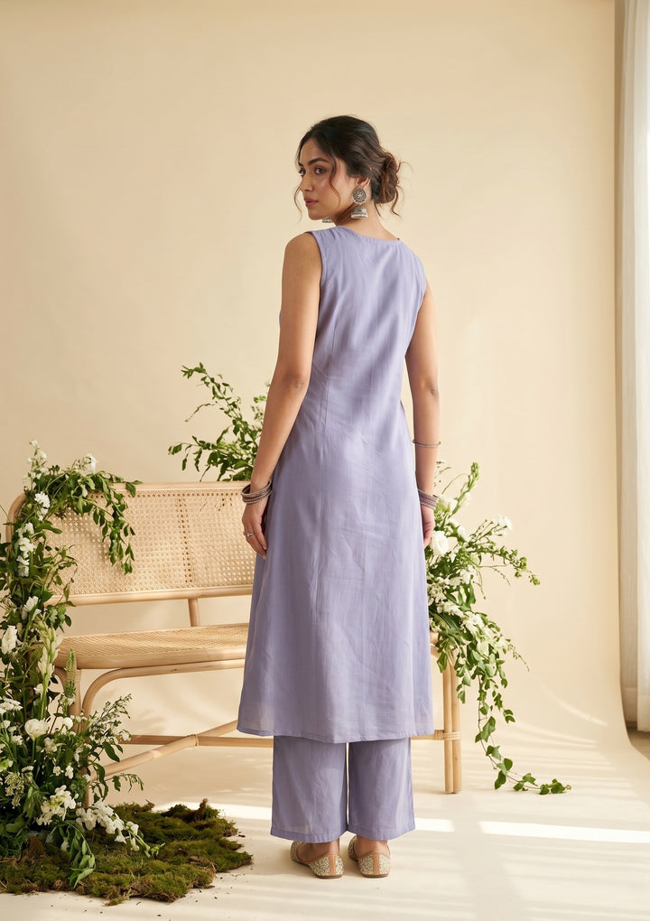 Light Lavender Soft Raw Silk Threadwork A Line Kurta With Pant Regular And Dupatta