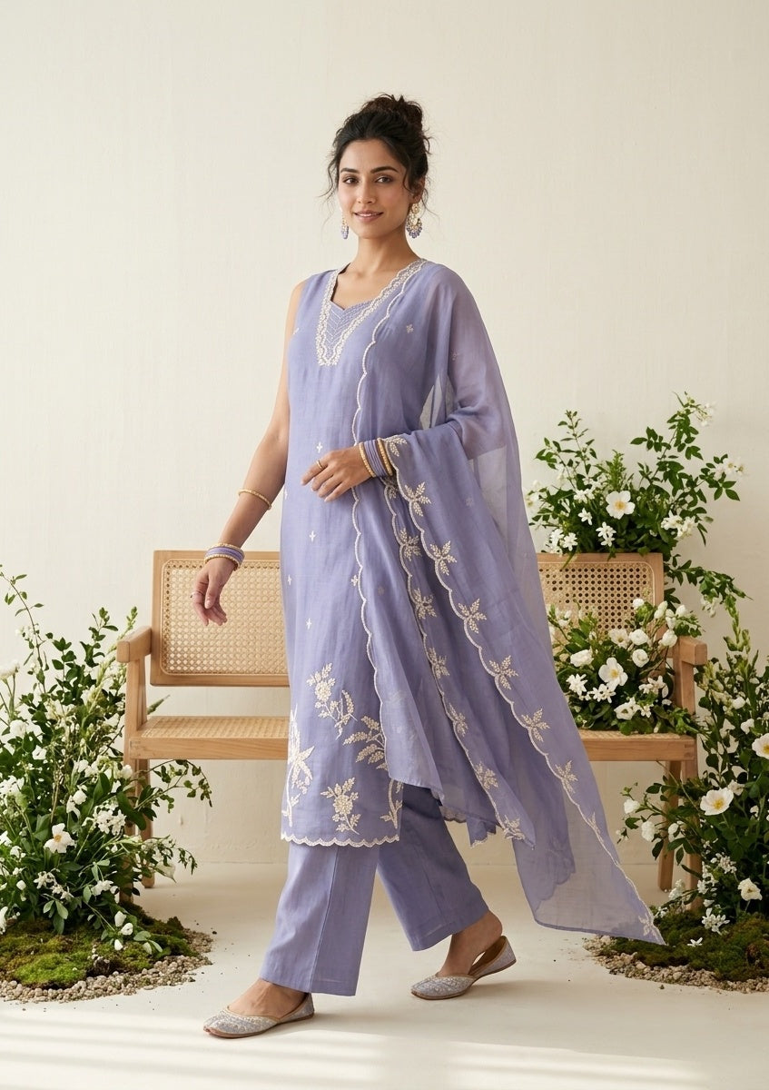 Light Lavender Soft Raw Silk Threadwork A Line Kurta With Pant Regular And Dupatta