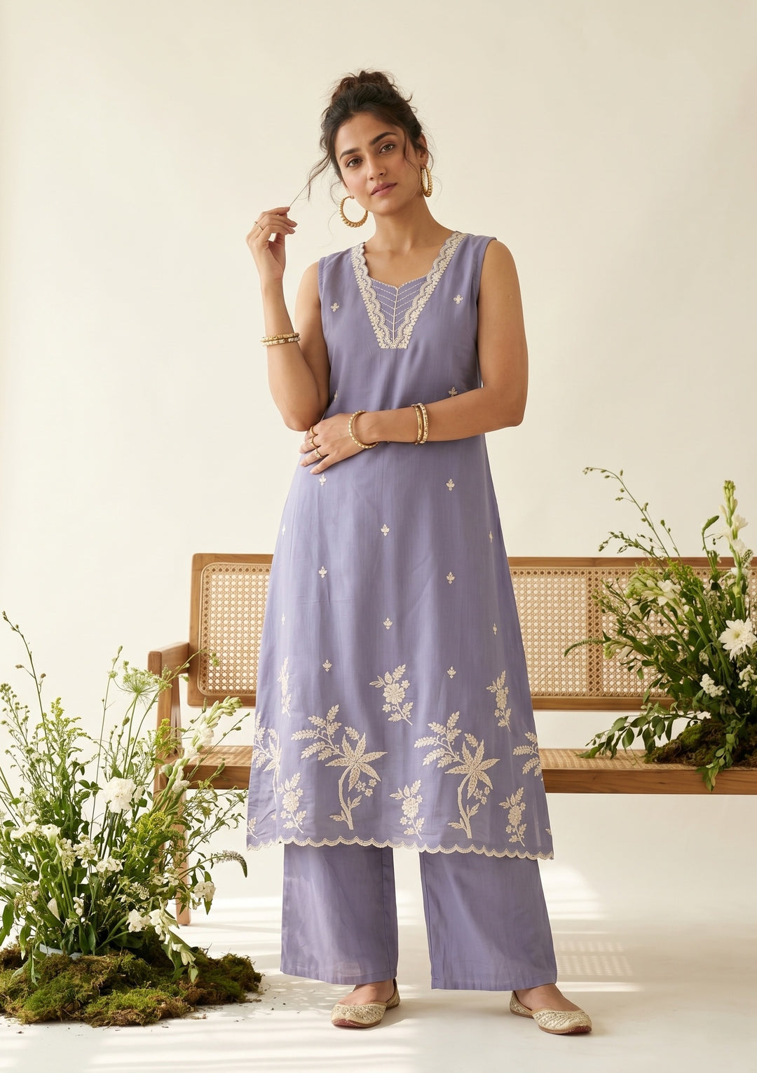 Light Lavender Soft Raw Silk Threadwork A Line Kurta With Pant Regular And Dupatta