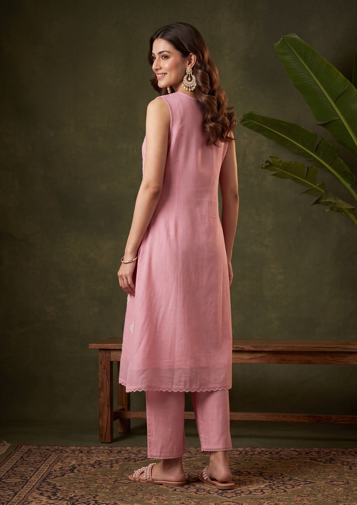 Onion Pink Threadwork Chanderi Readymade Salwar Suit
