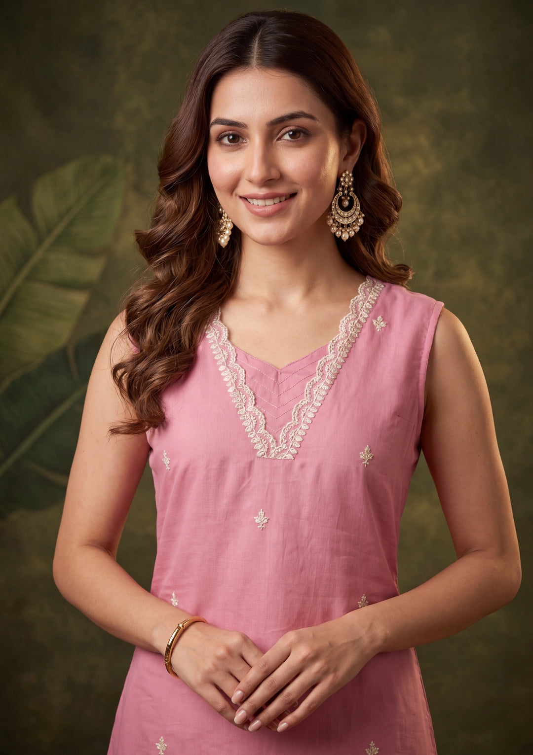 Onion Pink Threadwork Chanderi Readymade Salwar Suit