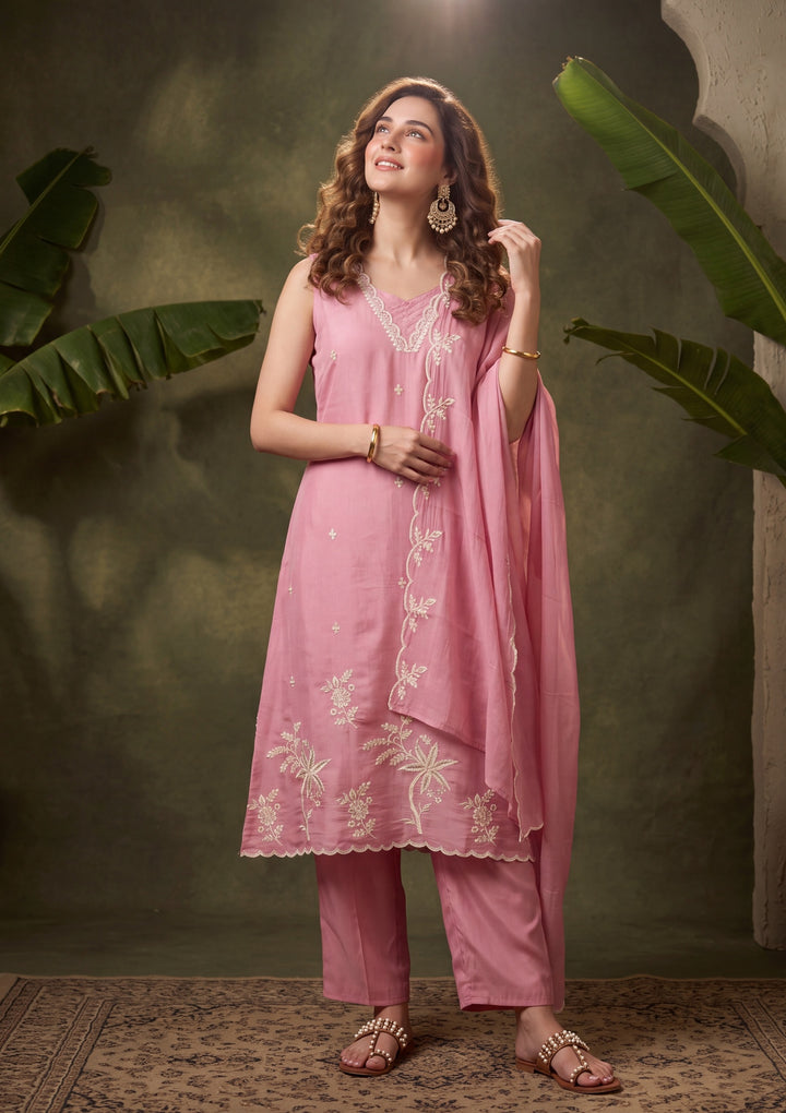 Onion Pink Threadwork Chanderi Readymade Salwar Suit