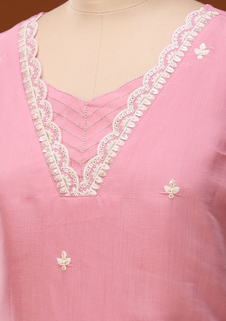Onion Pink Threadwork Chanderi Readymade Salwar Suit