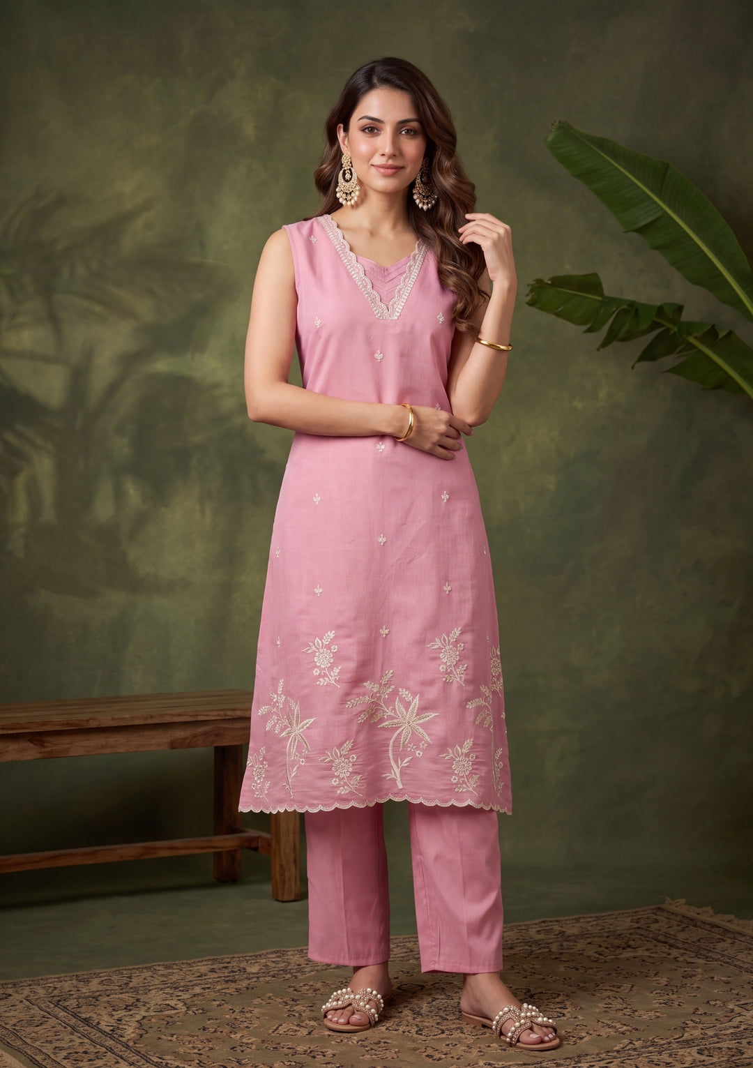 Onion Pink Threadwork Chanderi Readymade Salwar Suit