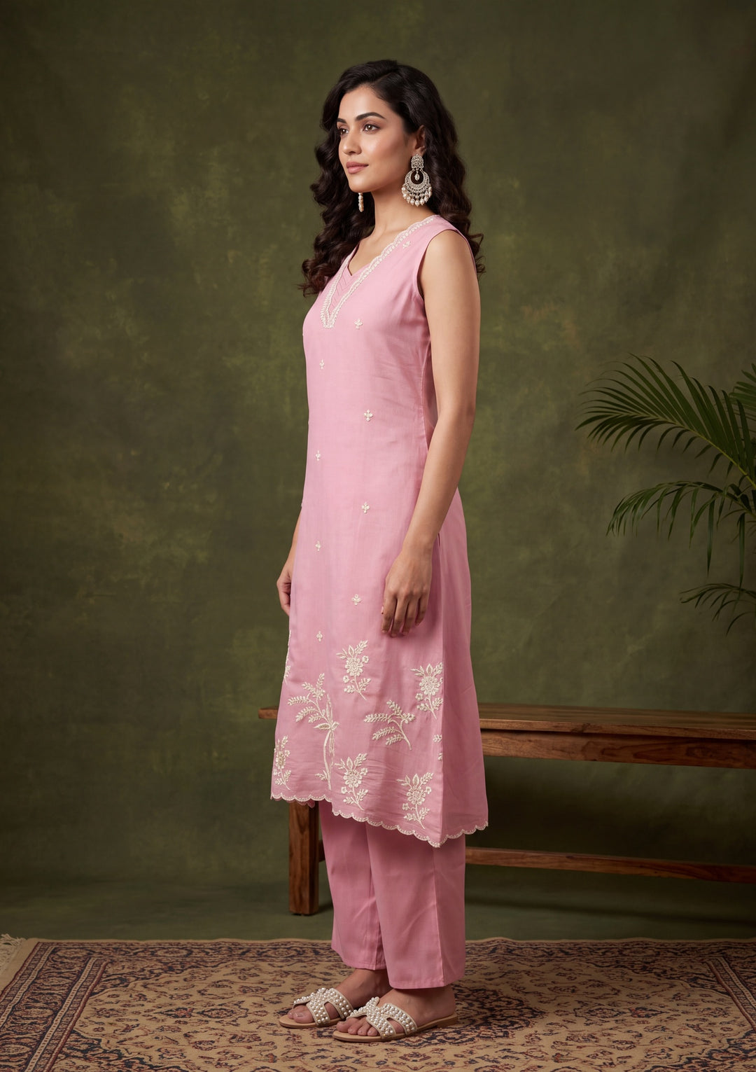 Onion Pink Threadwork Chanderi Readymade Salwar Suit
