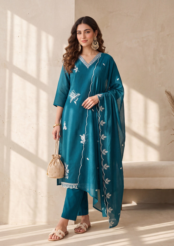 Peacock Blue Threadwork Chanderi Readymade Salwar Suit