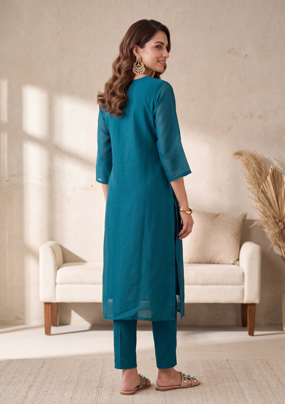Peacock Blue Threadwork Chanderi Readymade Salwar Suit