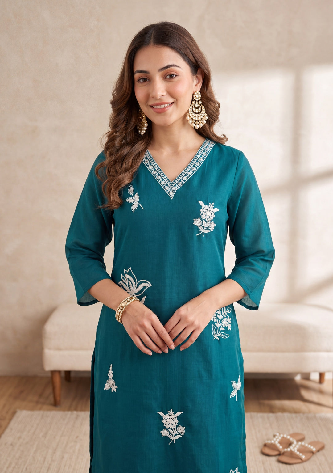 Peacock Blue Threadwork Chanderi Readymade Salwar Suit