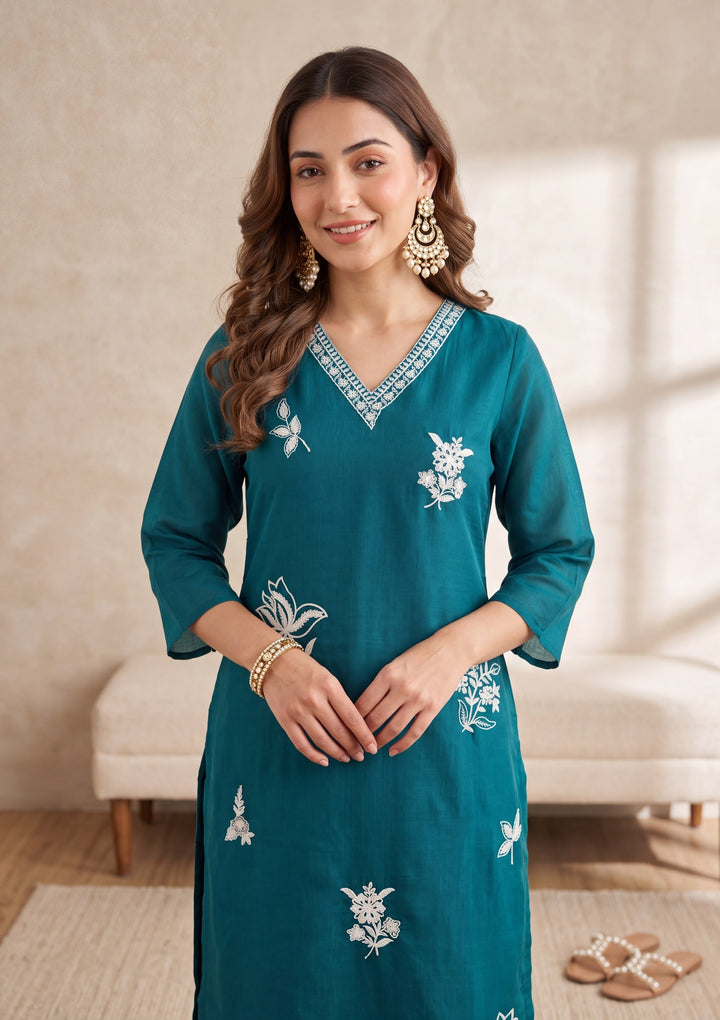 Peacock Blue Threadwork Chanderi Readymade Salwar Suit