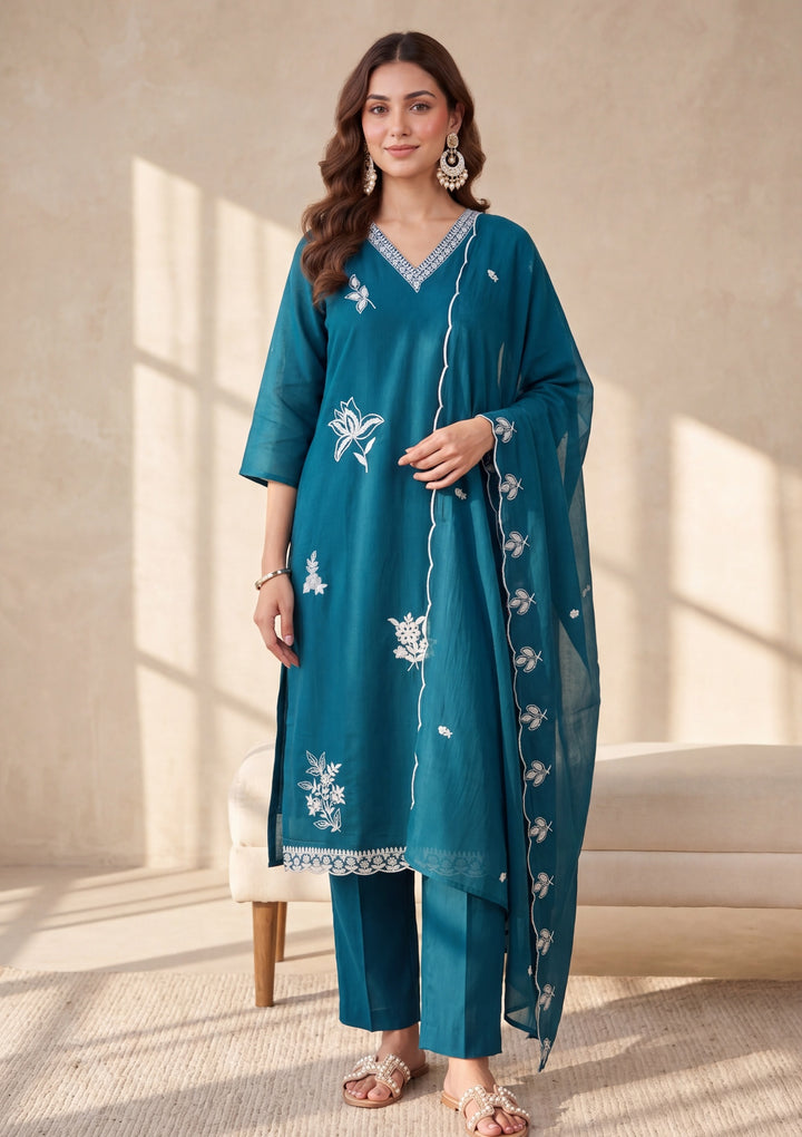 Peacock Blue Threadwork Chanderi Readymade Salwar Suit