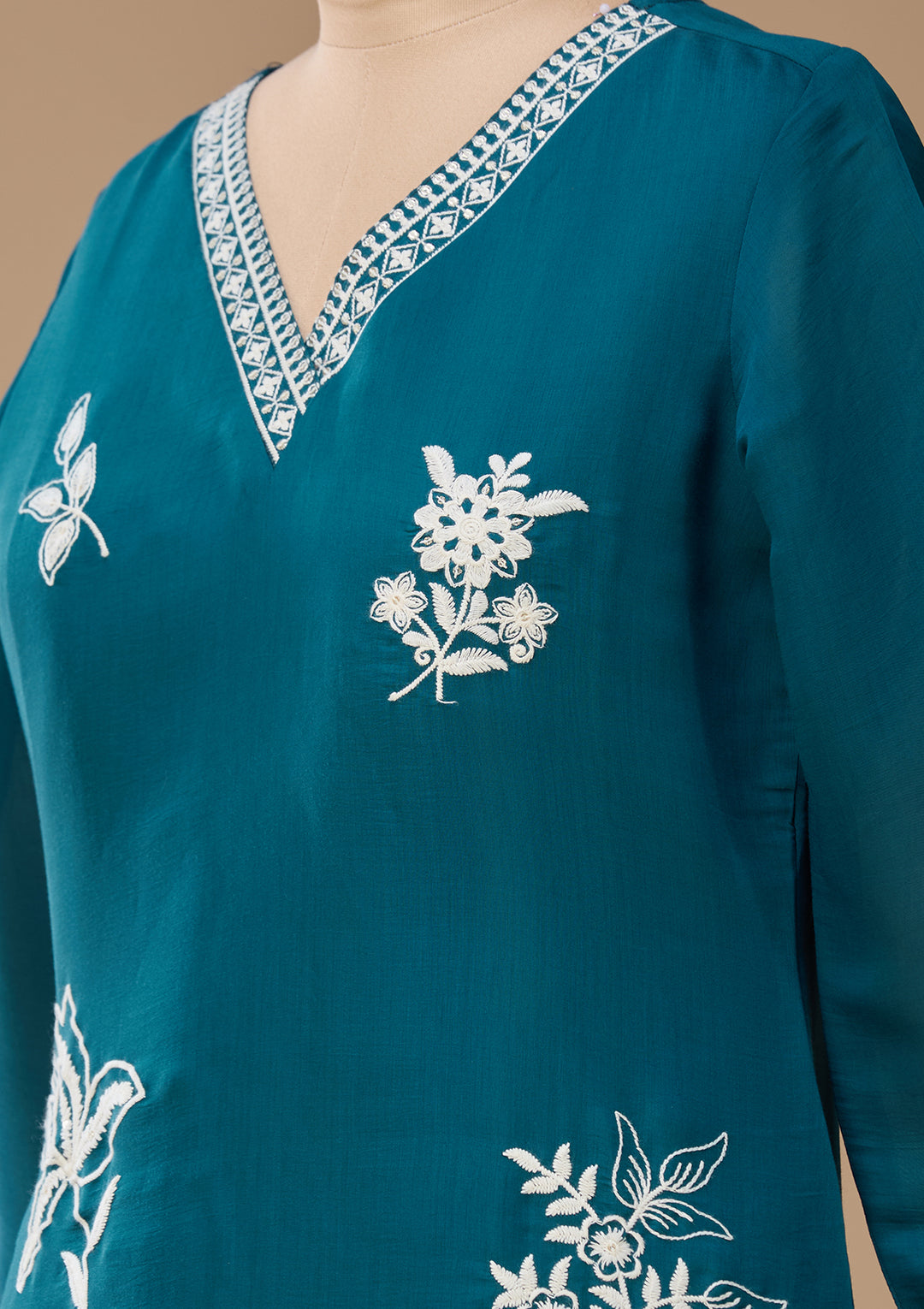 Peacock Blue Threadwork Chanderi Readymade Salwar Suit