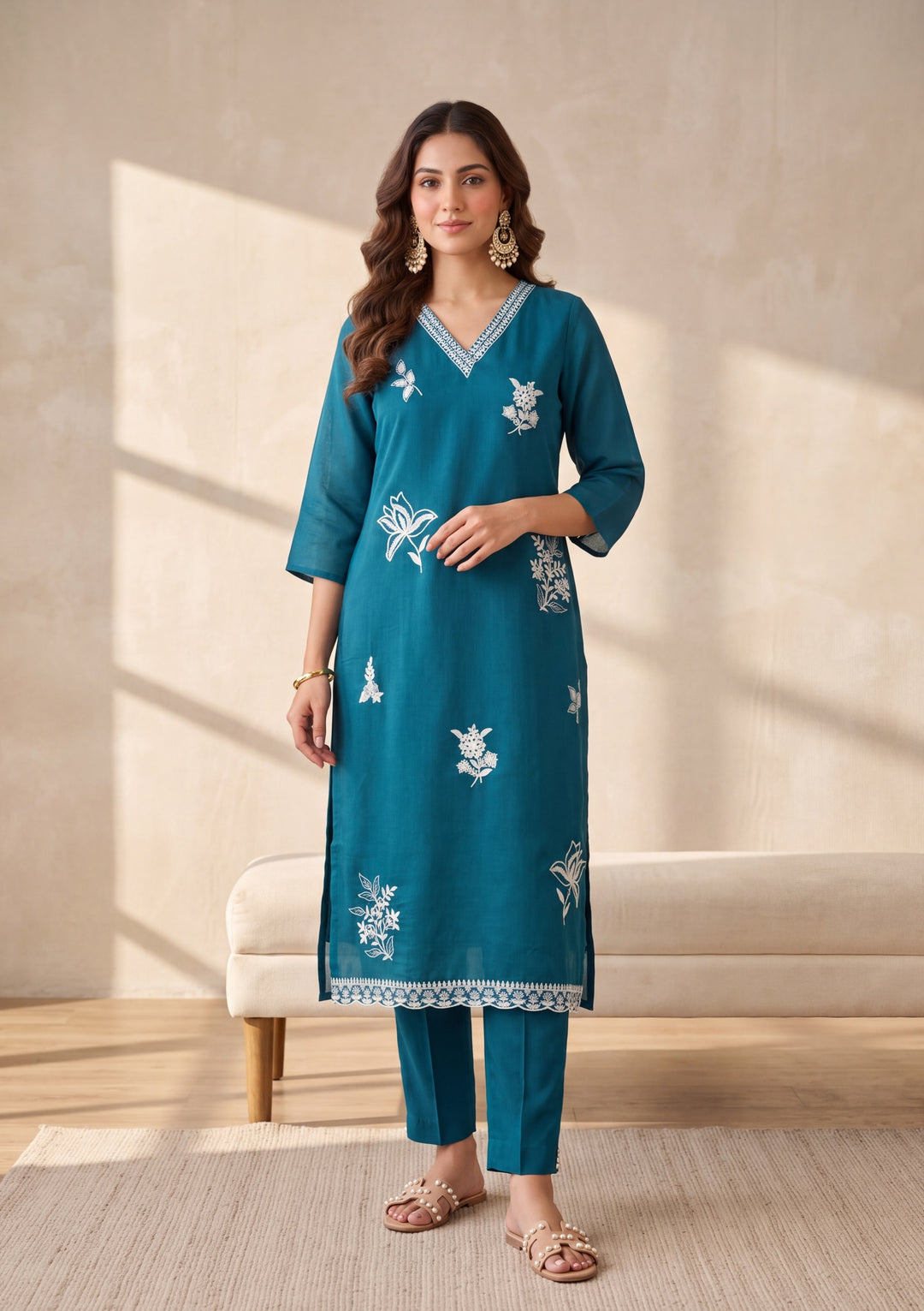 Peacock Blue Threadwork Chanderi Readymade Salwar Suit