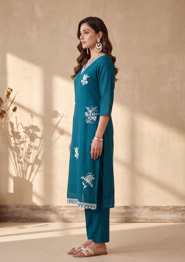 Peacock Blue Threadwork Chanderi Readymade Salwar Suit