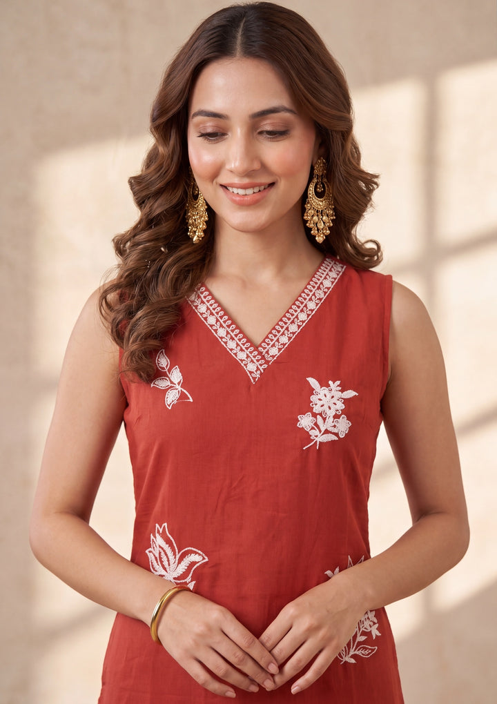 Rust Threadwork Chanderi Readymade Salwar Suit