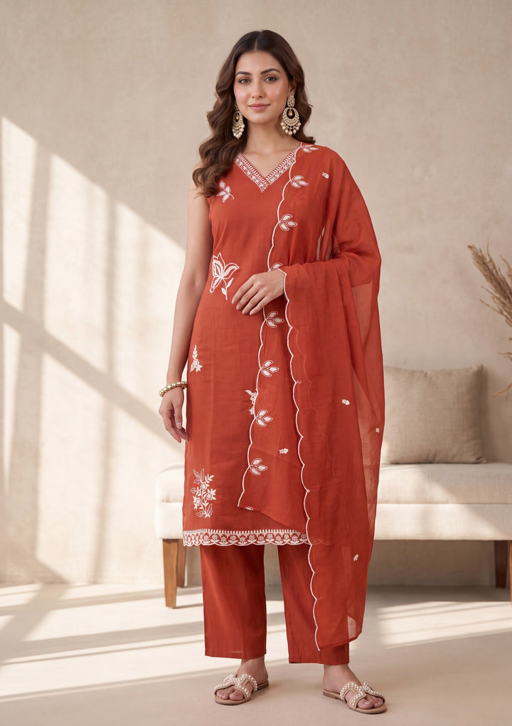 Rust Threadwork Chanderi Readymade Salwar Suit