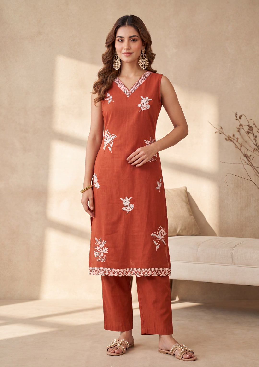 Rust Threadwork Chanderi Readymade Salwar Suit