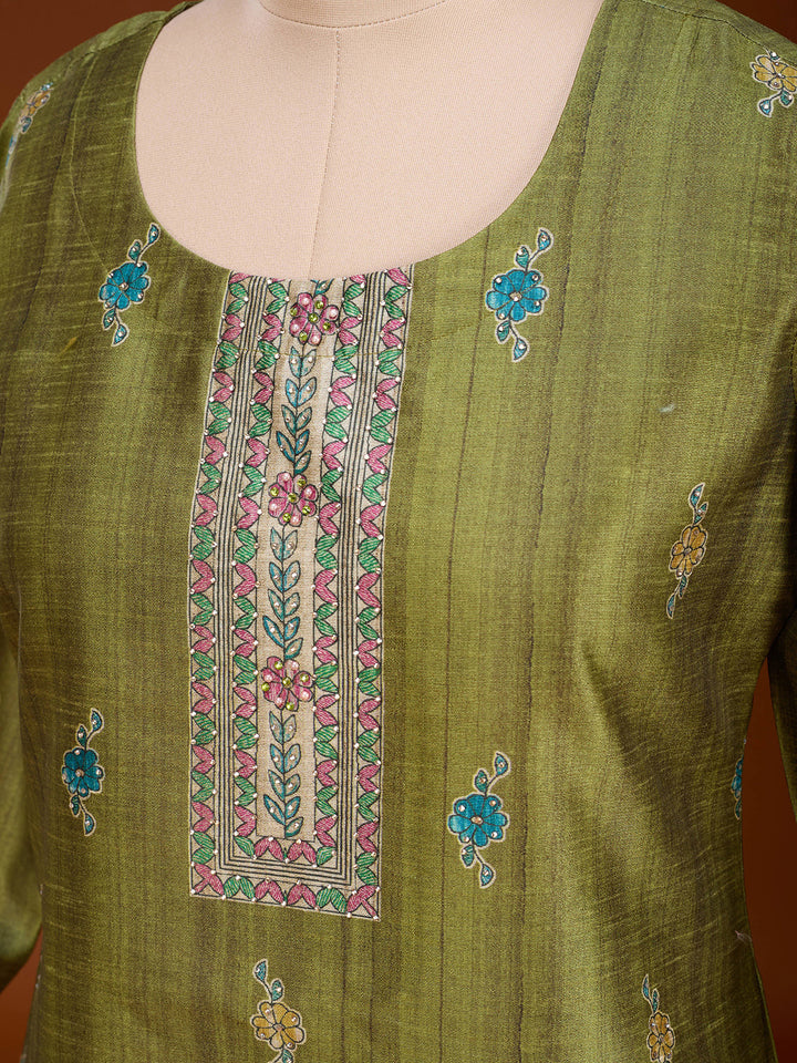 Mehendi Raw Silk Floral Stonework Straight Kurta With Pant Regular And Dupatta