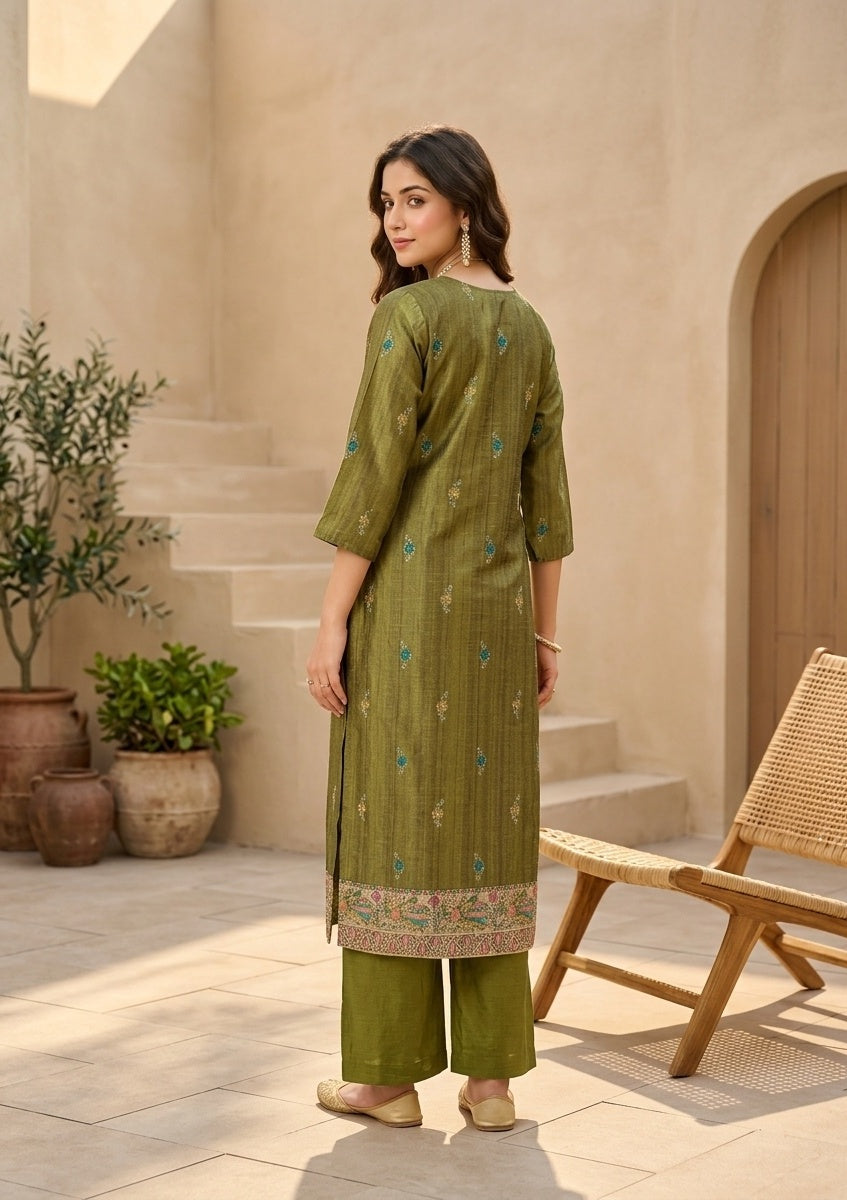 Mehendi Raw Silk Floral Stonework Straight Kurta With Pant Regular And Dupatta
