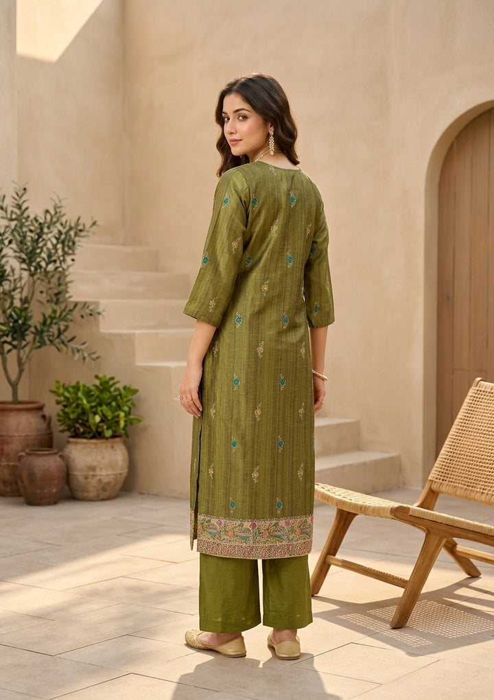 Mehendi Raw Silk Floral Stonework Straight Kurta With Pant Regular And Dupatta