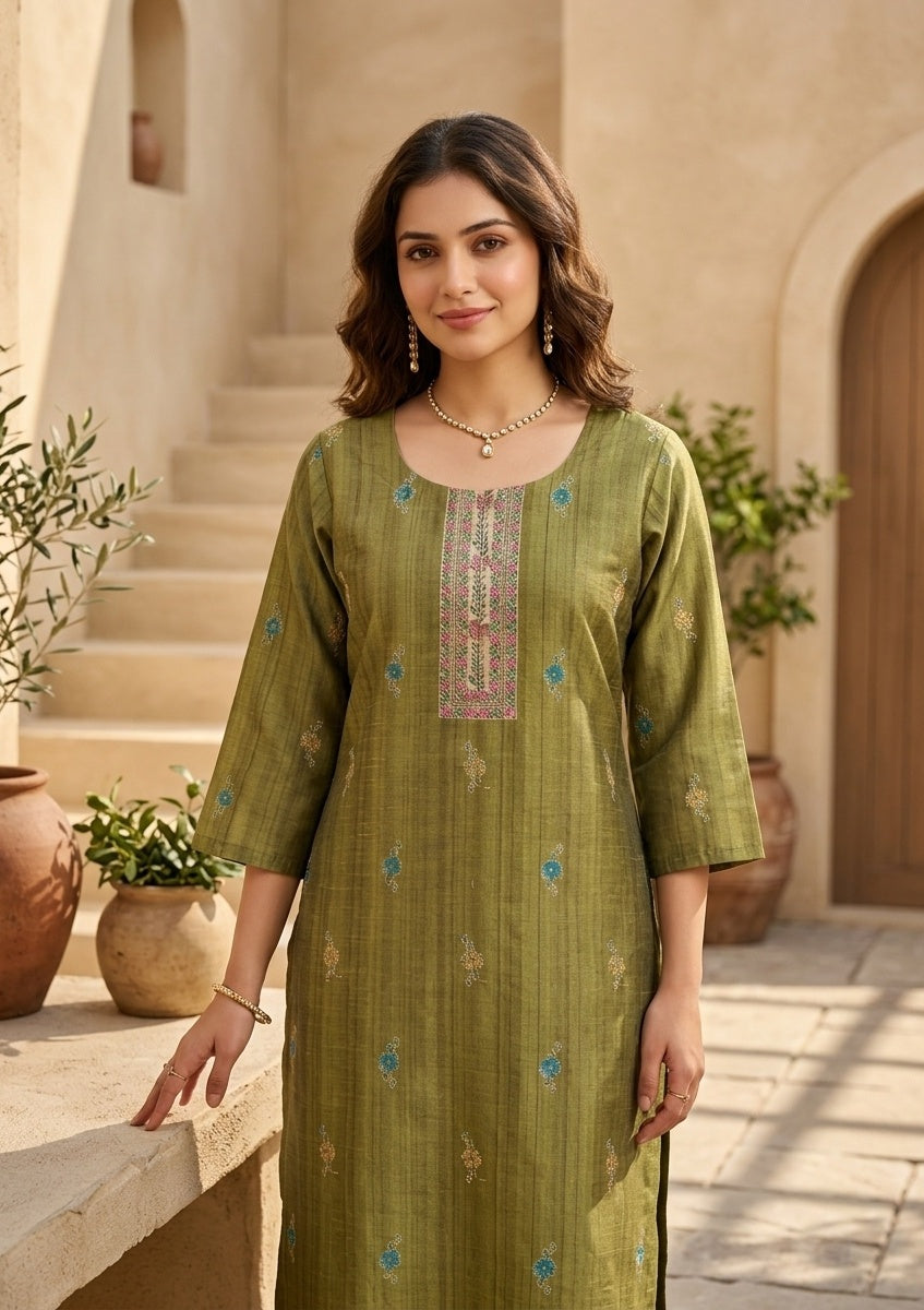 Mehendi Raw Silk Floral Stonework Straight Kurta With Pant Regular And Dupatta