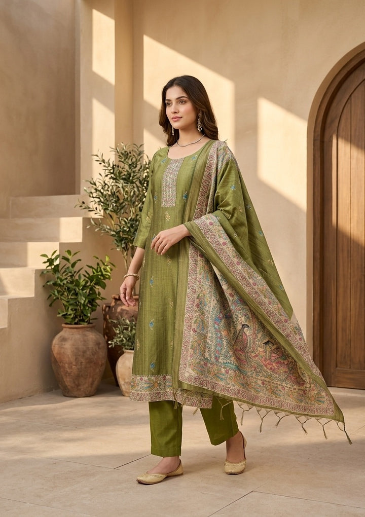 Mehendi Raw Silk Floral Stonework Straight Kurta With Pant Regular And Dupatta