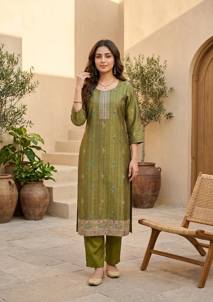 Mehendi Raw Silk Floral Stonework Straight Kurta With Pant Regular And Dupatta