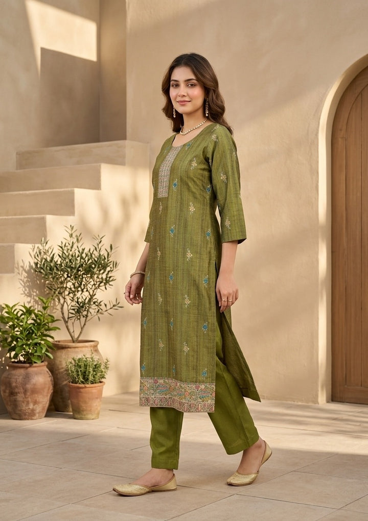 Mehendi Raw Silk Floral Stonework Straight Kurta With Pant Regular And Dupatta
