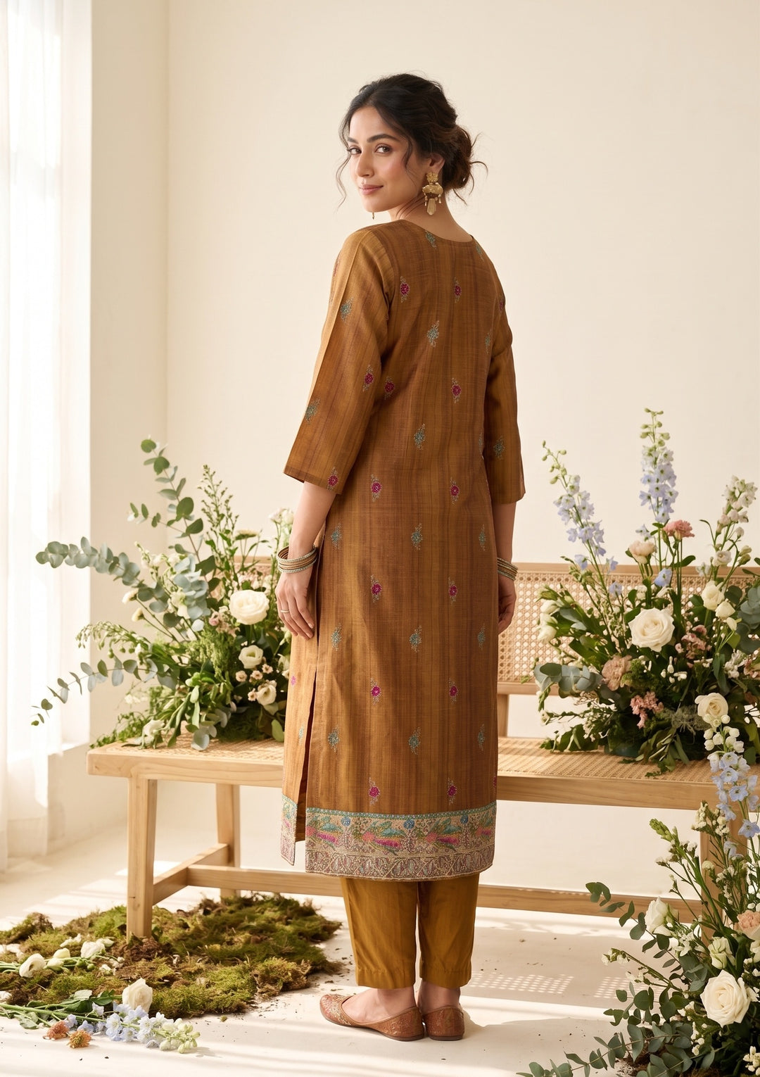 Mustard Raw Silk Floral Stonework Straight Kurta With Pant Regular And Dupatta