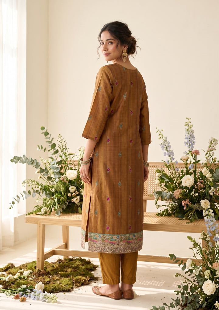 Mustard Raw Silk Floral Stonework Straight Kurta With Pant Regular And Dupatta
