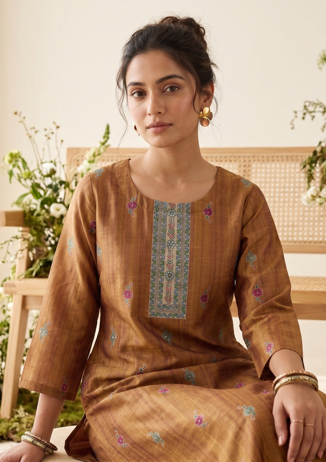 Mustard Raw Silk Floral Stonework Straight Kurta With Pant Regular And Dupatta