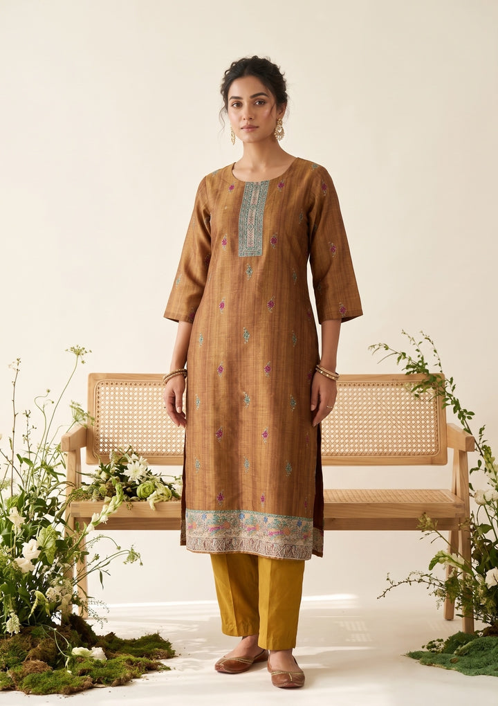 Mustard Raw Silk Floral Stonework Straight Kurta With Pant Regular And Dupatta