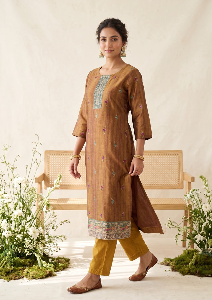 Mustard Raw Silk Floral Stonework Straight Kurta With Pant Regular And Dupatta