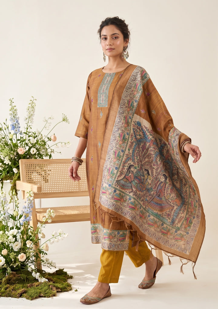 Mustard Raw Silk Floral Stonework Straight Kurta With Pant Regular And Dupatta