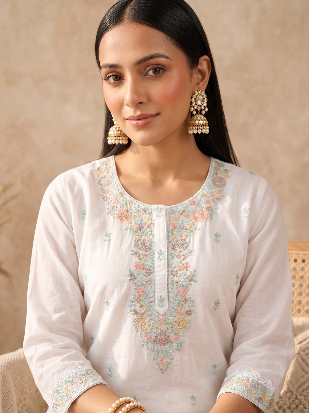 Off White Chanderi Threadwork Straight Kurta With Regular Pant And Dupatta