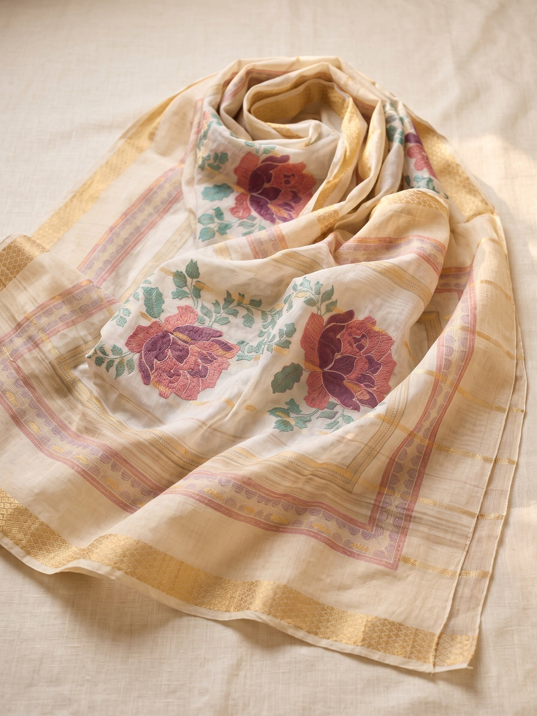 Off White Chanderi Threadwork Straight Kurta With Regular Pant And Dupatta