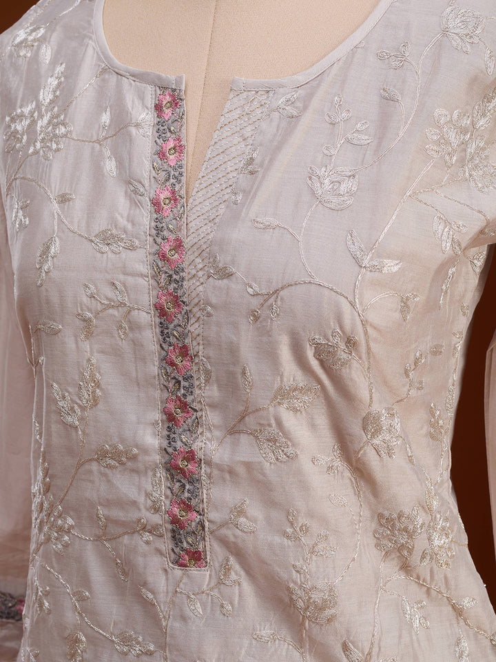 Beige Chanderi Cording Straight Kurta With Regular Pant And Dupatta