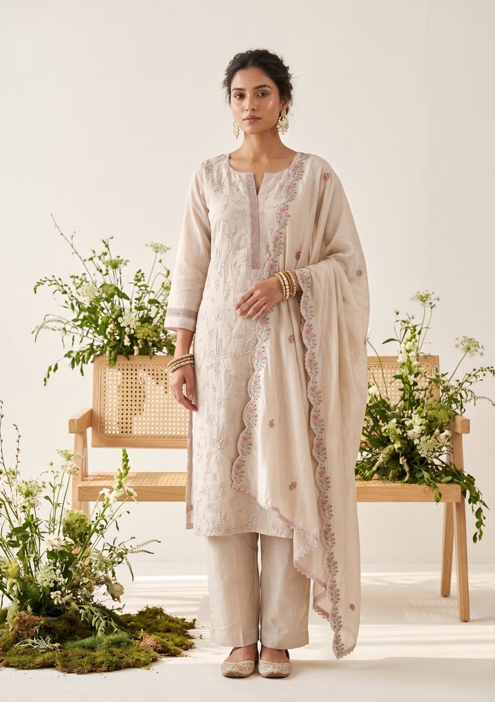 Beige Chanderi Cording Straight Kurta With Regular Pant And Dupatta