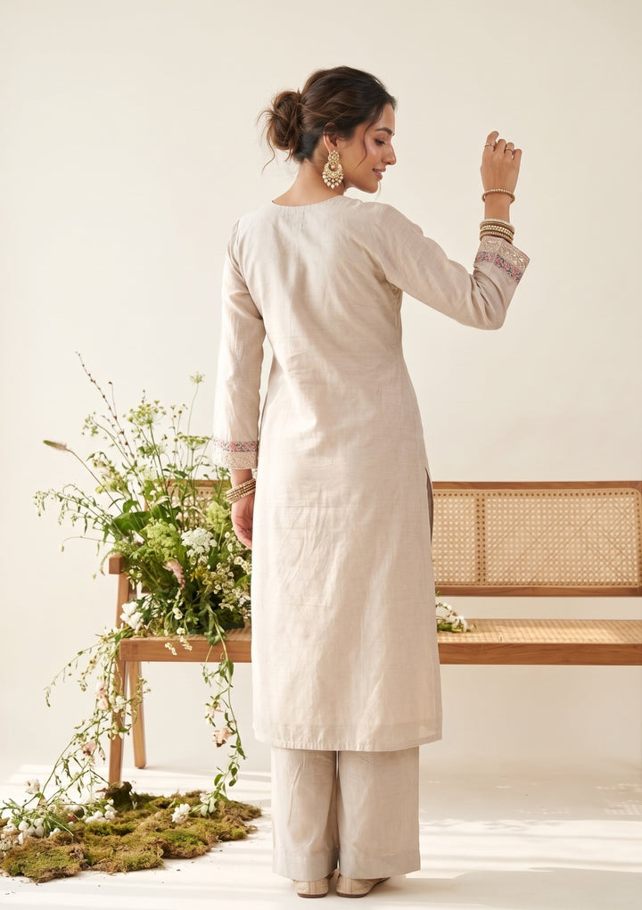 Beige Chanderi Cording Straight Kurta With Regular Pant And Dupatta